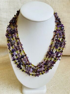 Multi-Strand Amethyst Stone Green Crystal Beaded Necklace Purple and Green 16-7"